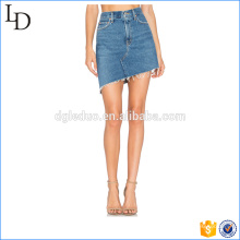 Frayed asymmetric hem denim skirt washed blue destoryed denim skirt